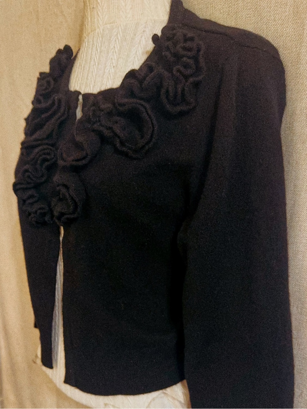🖤 Marina Luna Black Rosette Cardigan • Lambswool Angora Rabbit Hair Blend • L